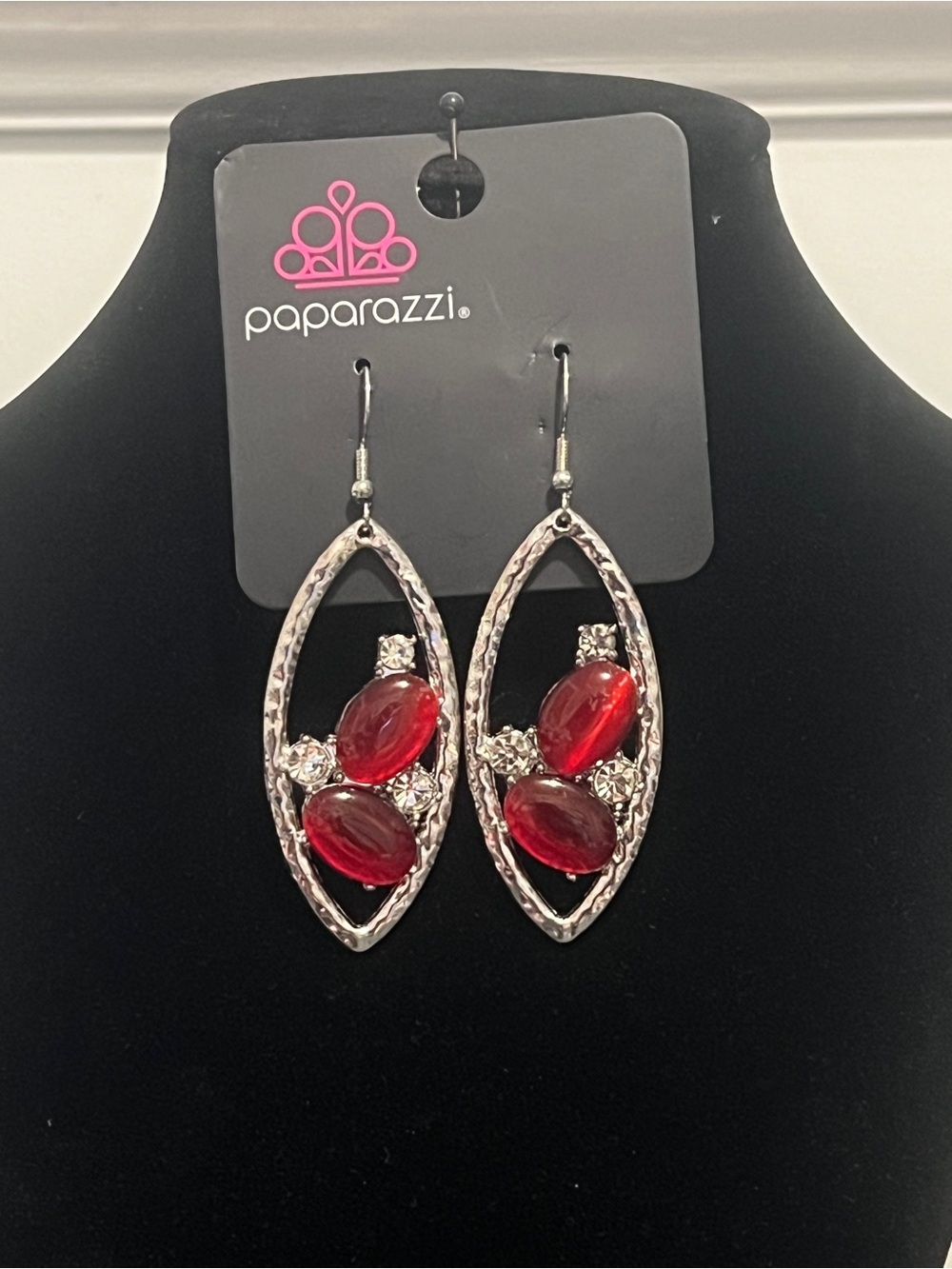 Paparazzi Silver-Tone Oval Drop Earrings with Red Stones